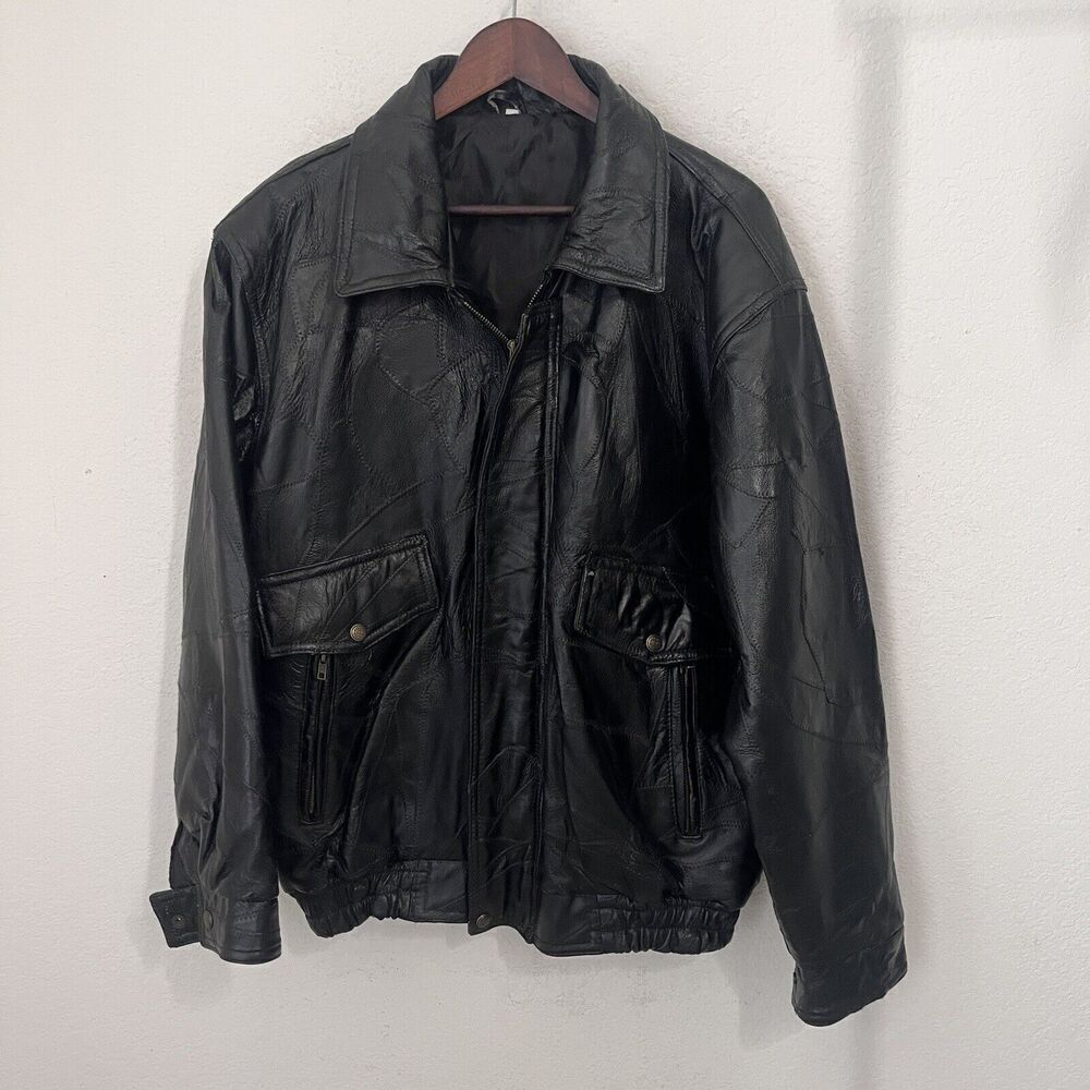 Men’s Genuine Leather Bomber Jacket Size XL Black Quilted Zip